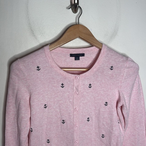Tommy Hilfiger Light Pink Cardigan Navy Scattered Anchors print Size S - Picture 3 of 11